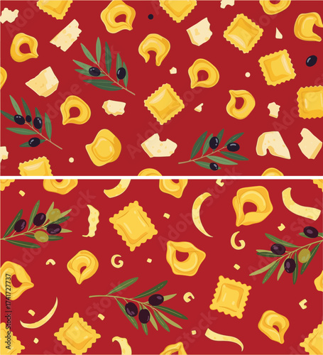 Seamless Italian Food Pattern with Pasta, Olives, and Cheese Elements