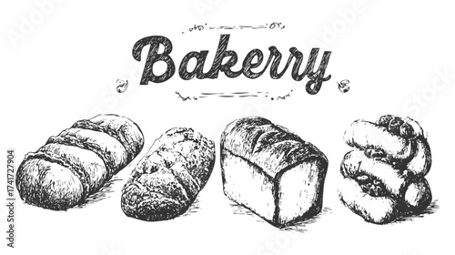 A collection of hand-drawn bakery items including croissants, donuts, muffins, and rolls, with the word 'bakery' prominently featured in the center