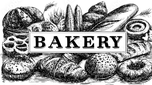 A collection of hand-drawn bakery items including croissants, donuts, muffins, and rolls, with the word 'bakery' prominently featured in the center