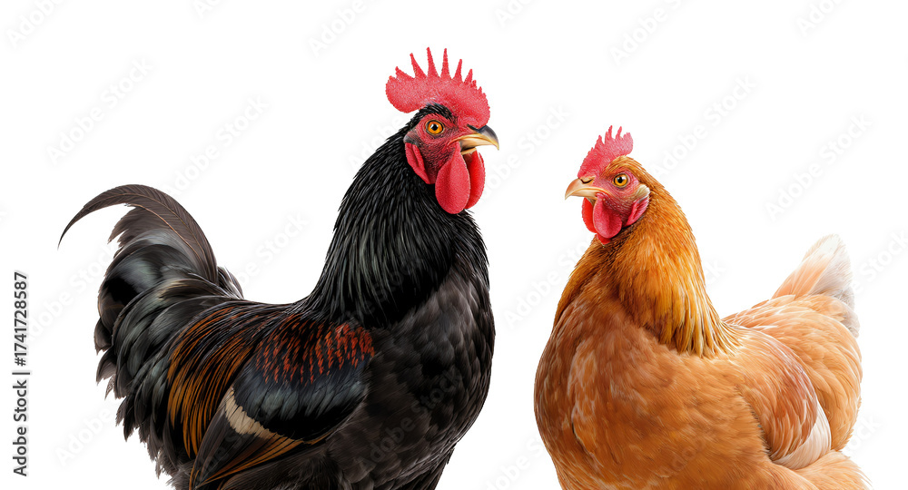 Fototapeta premium Portrait of Rooster and Hen Isolated on White