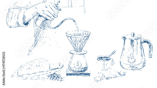A hand pouring water into a coffee dripper, with various coffee-related items on a table, including cups, bags of coffee, and coffee beans
