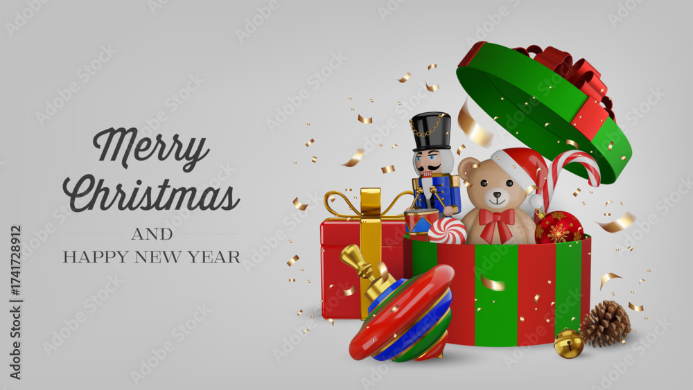 Naklejka premium christmas banner with 3d toys, sweets and decorations in a gift box. christmas background with 3d gift boxws and confetti
