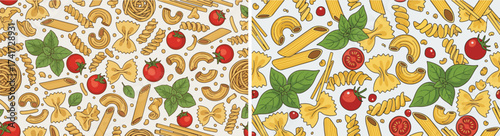 Seamless Pattern of Italian Pasta, Fresh Tomatoes, and Basil Leaves