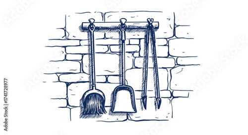 Fireplace tools on stone wall, rustic winter interior illustration