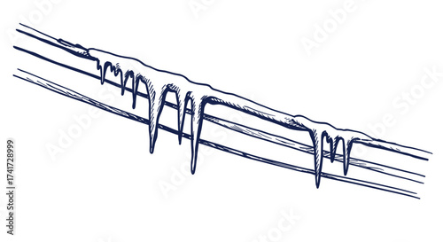 Icicles on power lines, winter cold and energy problem illustration