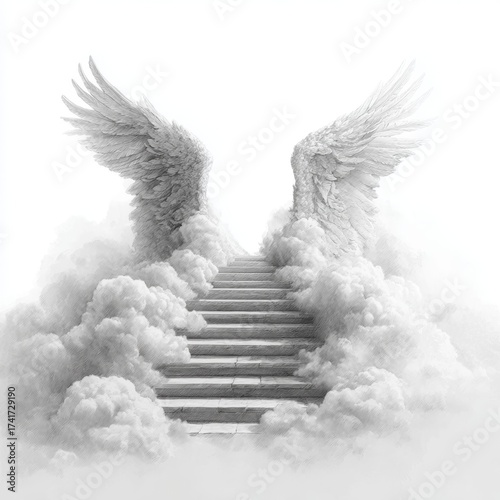 Heavenly staircase rising through clouds with angel wings, divine light and ethereal atmosphere in white tones
