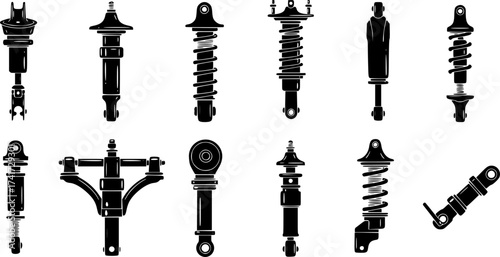 Modern Minimalist Shock Mount Icon: Flat Silhouette, Automotive Suspension Component Vector for Vehicle Illustration, Car Part, Engineering.