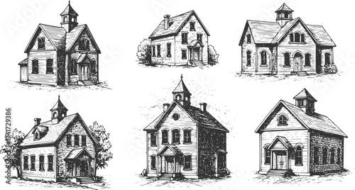 Vintage Hand-Drawn Schoolhouse Illustration: Historic Engraved Vector for Education, Learning, Building, T-Shirt Design.