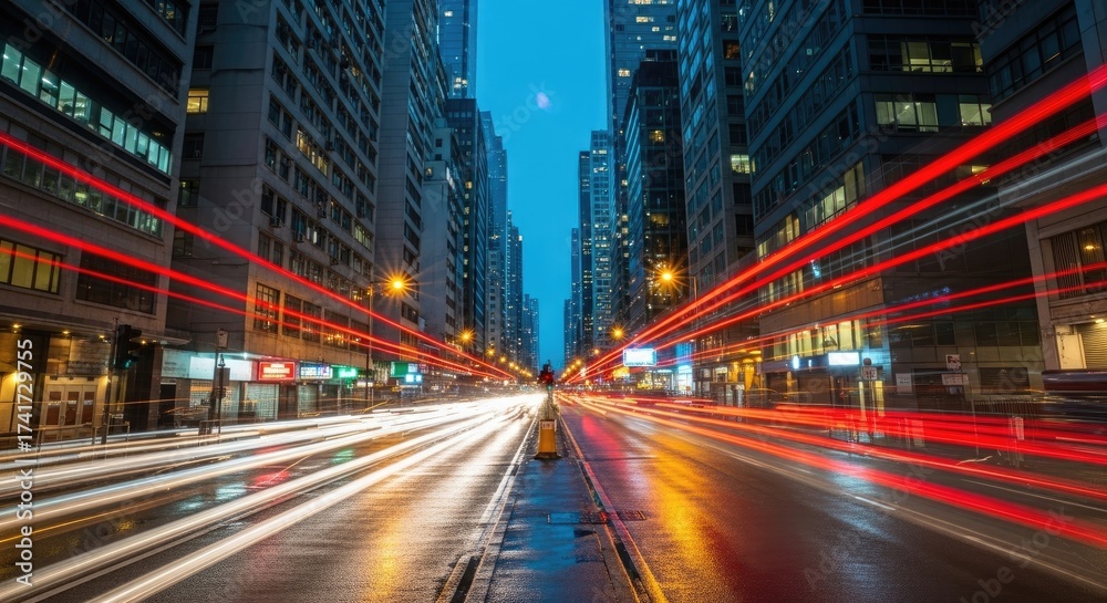Fototapeta premium Dynamic Urban Cityscape at Night with Streaking Traffic Light Trails on Wet Road