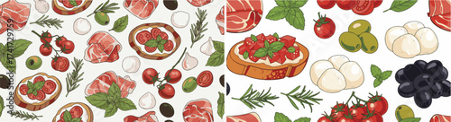 Vibrant Seamless Pattern Featuring Hand-Drawn Italian Food Ingredients and Bruschetta