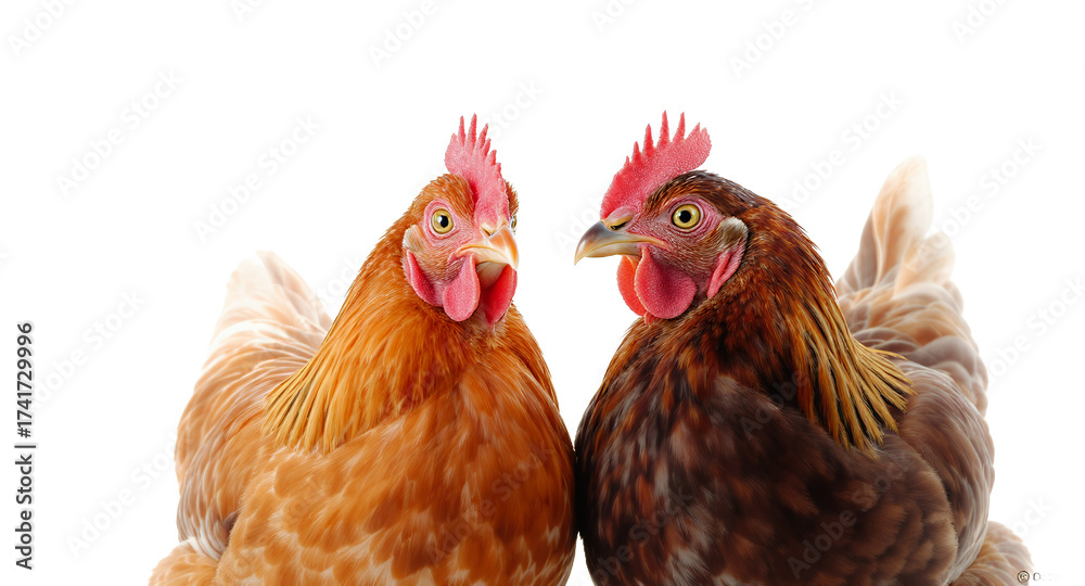 Fototapeta premium Two Chickens in Close-Up, Facing Each Other on White Background