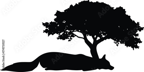 Silhouette of a wolf resting under a tree a minimalist vector illustration for nature and wildlife concepts isolated on white background