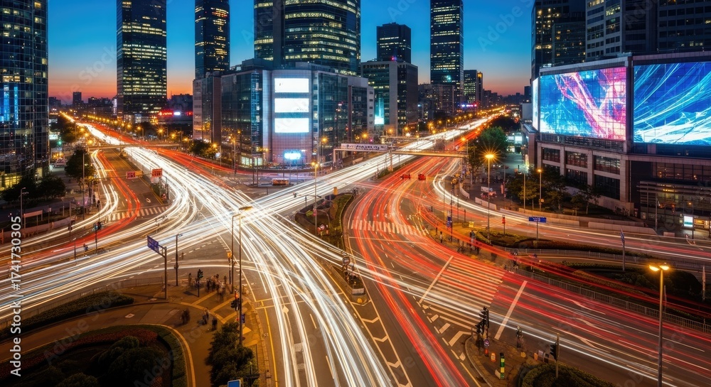 Naklejka premium Dynamic Urban Metropolis at Twilight with Streaking Vehicle Light Trails