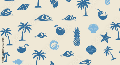 Seamless Pattern with Blue Tropical Beach and Summer Icons