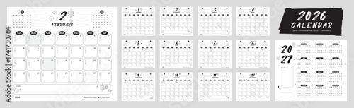 Calendar planner year of 2026, seasonal monthly schedule calendar. Cool business planner page. Modern simple dairy template. Vector illustration.