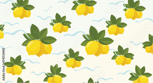 Seamless Pattern of Fresh Yellow Lemons with Green Leaves and Blue Wavy Lines