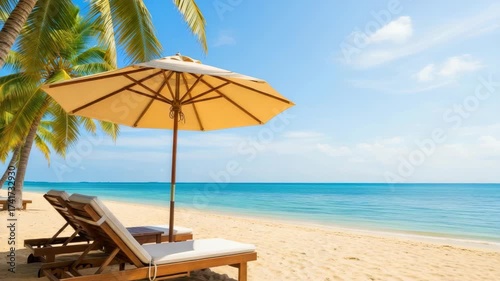 Wallpaper Mural tropical beach with golden sand calm turquoise ocean and clear blue sky Palm trees lean over two empty lounge chairs under large beige umbrella Torontodigital.ca
