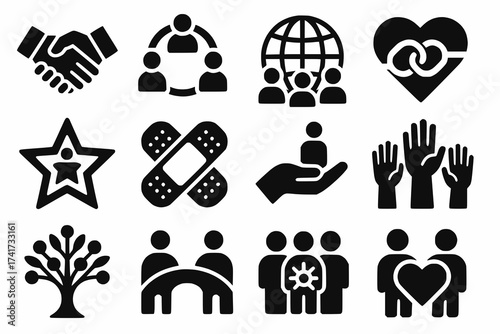 Flat Black and White Icon Set of Human Connection and Cooperation with Bold Shapes