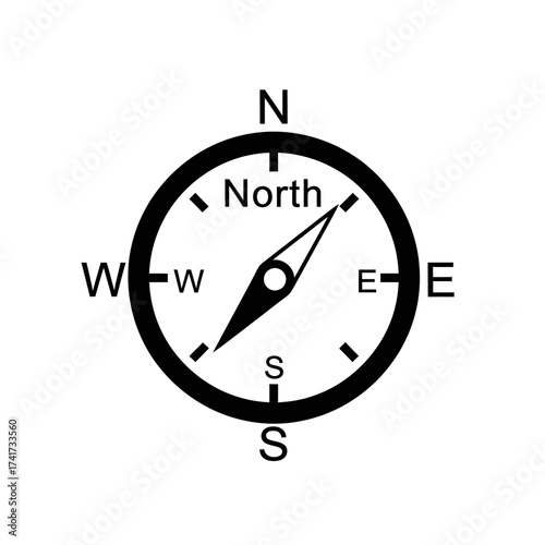 Black compass pointing north silhouette isolated on white background