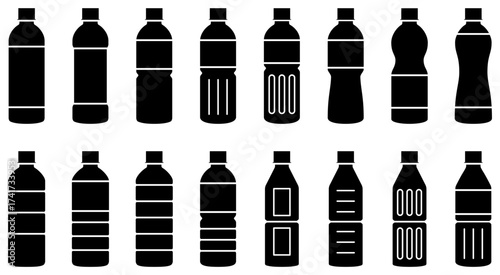 ペットボトルのアイコンセット（様々な形のプラスチックボトルのベクターイラスト）