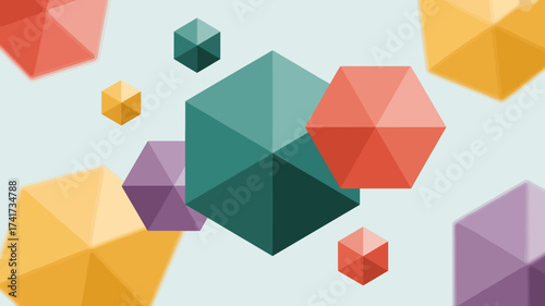 Abstract background of colorful geometric polygons in flat design style Keywords: abstract, background, geometric, polygon, hexagon, cube, shape, form, design, modern, contemporary, minimalist