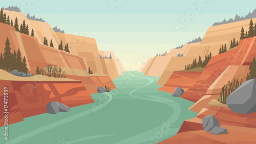 Animated canyon landscape with a flowing river and rocky cliffs valley gorge