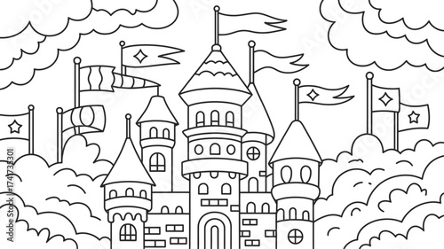 Black and white line drawing of a detailed fairytale castle with flags and clouds fantasy kingdom