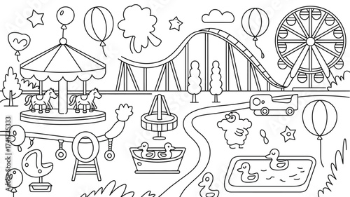 Black and white line drawing of an amusement park with rides and attractions for coloring carnival fair