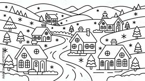 Black and white outline drawing of a snowy landscape with houses and trees winter homes