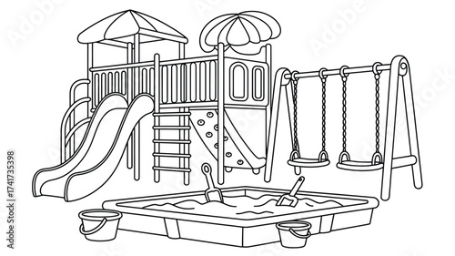 Black and white outline illustration of a playground with slides swings and sandbox line art drawing