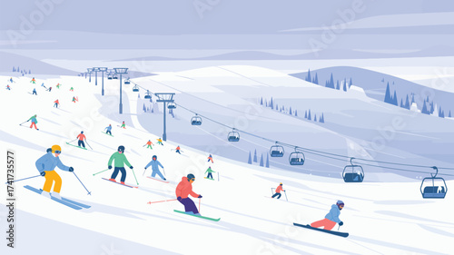 Busy Ski Resort with Many Skiers and Chairlifts on Snowy Slopes Keywords: ski resort, skiing, winter, snow, mountains, slope, ski lift, chairlift, skiers, snowboarding, recreation, sport, activity
