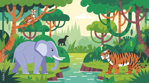 Cartoon jungle scene with an elephant, two tigers, a dog, and lush green foliage by a flowing river forest