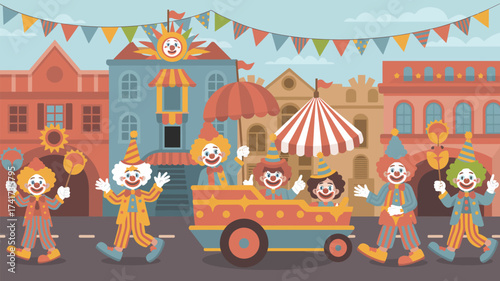 Cartoon parade of clowns in colorful costumes walking down a street with festive decorations festival