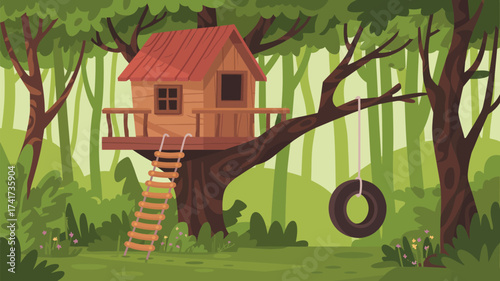 Cartoon Treehouse with Tire Swing and Ladder in a Dense Green Forest woods nature