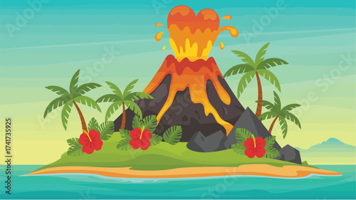 Cartoon Tropical Island Volcano Erupting Lava into Heart Shape with Palm Trees and Hibiscus Flowers eruption