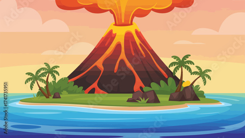 Cartoon Tropical Island with Active Volcano and Palm Trees illustration eruption