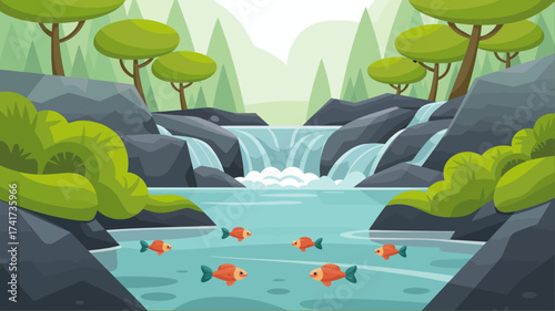 Cartoon Waterfall River with Rocks Trees and Orange Fish Swimming nature
