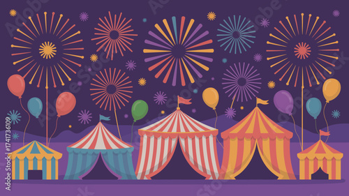 Colorful Carnival Tents and Fireworks Display on Purple Background circus marquees