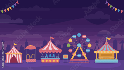 Colorful Carnival Scene at Dusk with Ferris Wheel and Tents amusement park fair