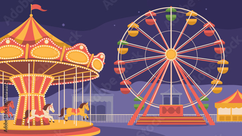 Colorful amusement park at night with a carousel and Ferris wheel in the foreground and background Keywords: amusement park, carnival, fair, night, carousel, Ferris wheel, rides, entertainment