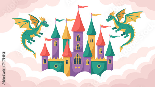 Colorful cartoon castle with two green dragons against a pink cloud background fantasy fairytale