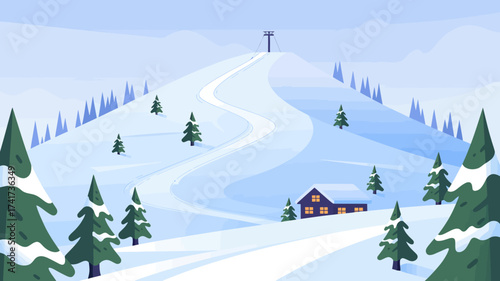 Cozy Cabin on a Snowy Hillside with Ski Slope and Evergreen Trees winter house