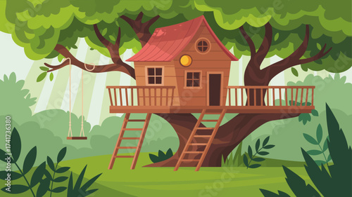 Cozy Wooden Treehouse with Swing in a Lush Green Forest wooden house woods