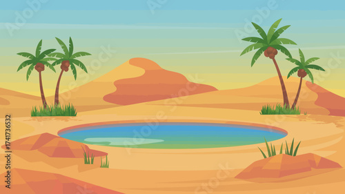 Desert oasis with a circular pool of blue water surrounded by sand dunes and palm trees under a pale sky