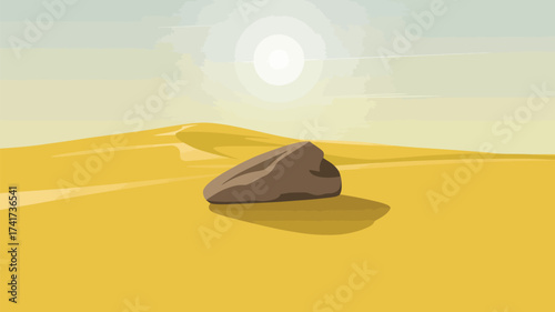 Desert Landscape with Rolling Yellow Dunes and a Single Brown Rock Under Bright Sun sand