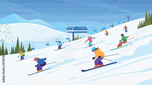 Diverse group of skiers enjoying a sunny day on a snow-covered mountain slope with a ski lift in the background