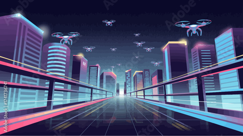 Drones Hovering Over a Reflective Street in a Pixelated Futuristic City at Night quadcopter flying