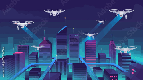 Drones Navigating a Neon- Lit Futuristic City at Night with Light Beams quadcopter flying