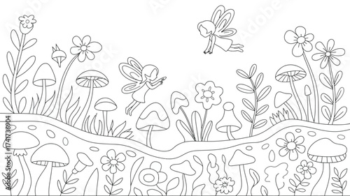 Enchanted Forest Scene with Fairies and Mushrooms Outline Drawing fairy garden