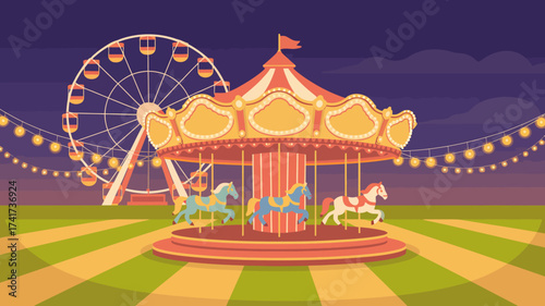 Enchanting Carnival at Dusk with Carousel and Ferris Wheel Illuminated by Lights amusement park